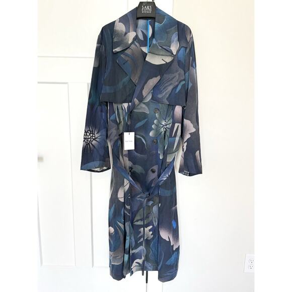 Paul Smith Nylon Blue Floral Print Double Breasted Belted Long Trench Coat L NEW